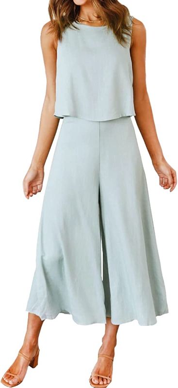 Photo 1 of ROYLAMP Women's Summer 2 Piece Outfits Round Neck Crop Basic Top Cropped Wide Leg Pants Set Jumpsuits