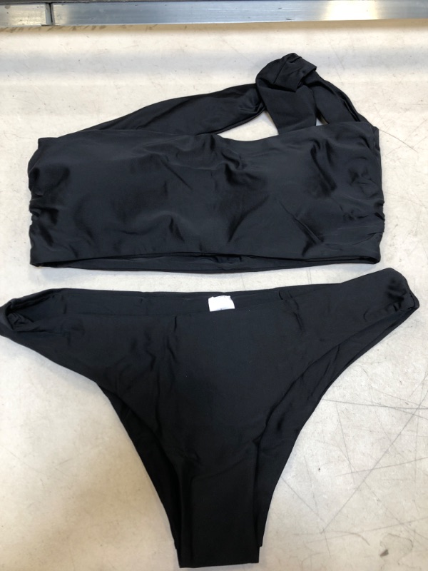Photo 1 of ATHMILE Ruffle Trim Bikini Set for Women One Shoulder Swimsuits High Waisted Two Piece Bathing Suits Tummy Control Swimwear Black SIZE L