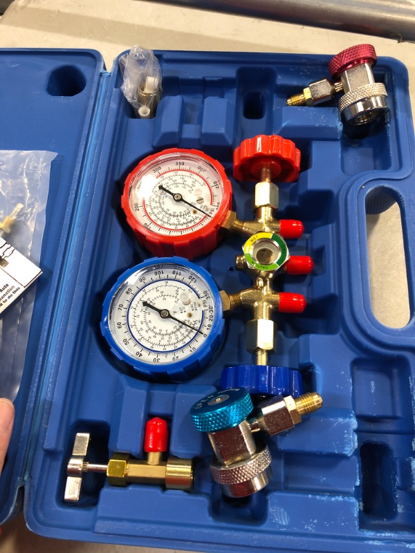 Photo 1 of Orion Motor Tech 3 Way AC Diagnostic Manifold Gauge Set for Freon Charging, Fits R134A R12 R22 and R502 Refrigerants, with 5FT Hose, Tank Adapters, Adjustable Couplers and Can Tap Blue