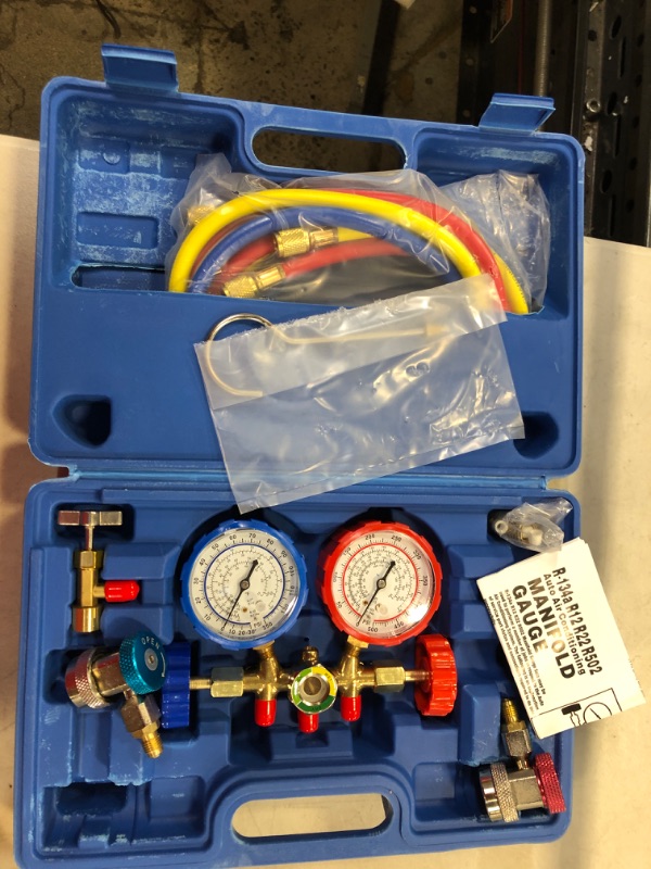 Photo 1 of Orion Motor Tech 3 Way AC Diagnostic Manifold Gauge Set for Freon Charging, Fits R134A R12 R22 and R502 Refrigerants, with 5FT Hose, Tank Adapters, Adjustable Couplers and Can Tap Blue