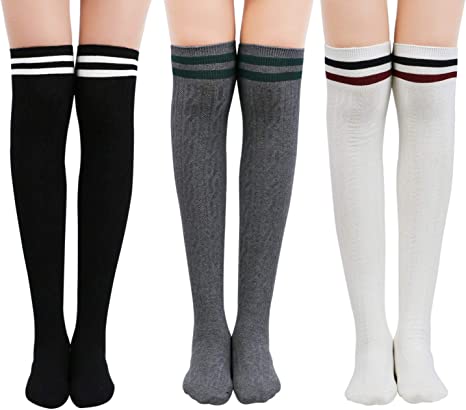 Photo 1 of Chalier Womens Thigh High Socks Cotton Striped Over the Knee Socks Long Knee High Socks for Women