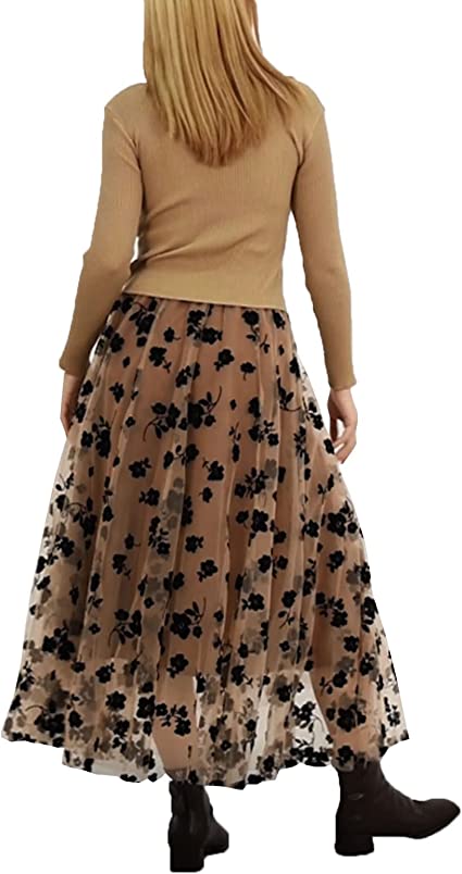 Photo 1 of BABAMOON Women Chiffon Tulle Elastic Floral Print Mesh Overlay Layered A Line Midi Skirt