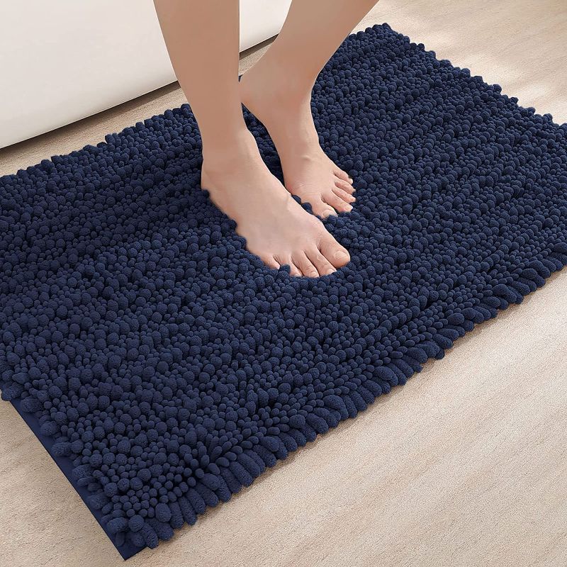 Photo 1 of Bath Mat Bathroom Rug Non Slip Absorbent and Soft Floor Mats Washable Chenille for Bathtub Toilet Shower Room Entryway,34"x20"Navy Blue
