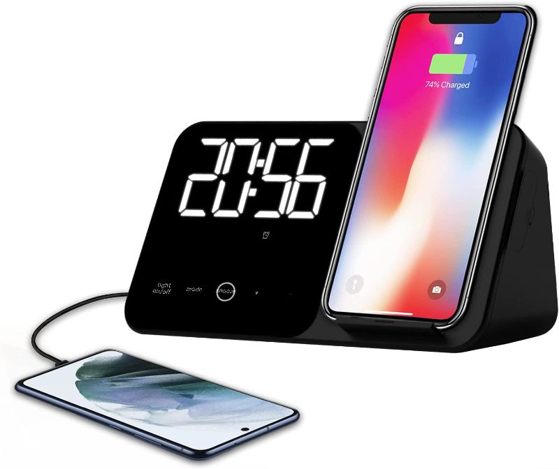 Photo 1 of TECHFROG Wireless Charger Alarm Clock, 15W, Dimmable Large Digital LED Display, 12/24 Hours, Snooze, Color Night Light, USB Charging Port
