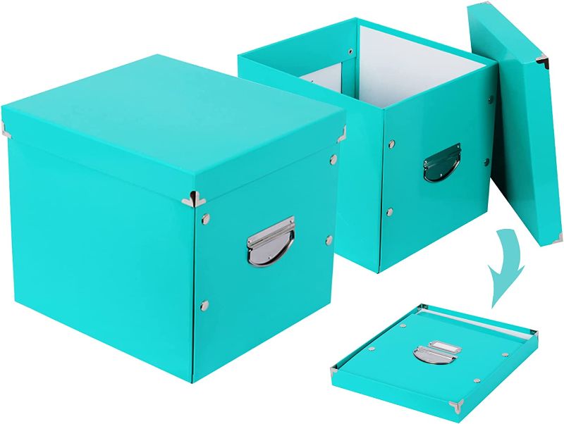 Photo 1 of Large Storage Box with Lid Collapsible Storage Box A4 Office Storage File Box Recyclable Cardboard Box with Metal Handle Reinforced Corner Storage Cube for Office Desk