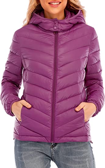Photo 1 of SEFFORANO Women's Down Jacket Packable Outerwear Water Resistant Lightweight Winter Coat with Hood, Purple, Medium