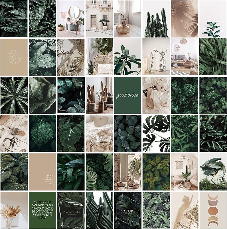 Photo 1 of 50Pcs Photo Wall Collage Kit Pictures Collage Kit for Wall Aesthetic Room Decor Green Forest Plant Wall Poster Prints Boho Indie Photo Wall Collage Decor for VSCO Teen Girls Dorm Bedroom Wall Art Decor
