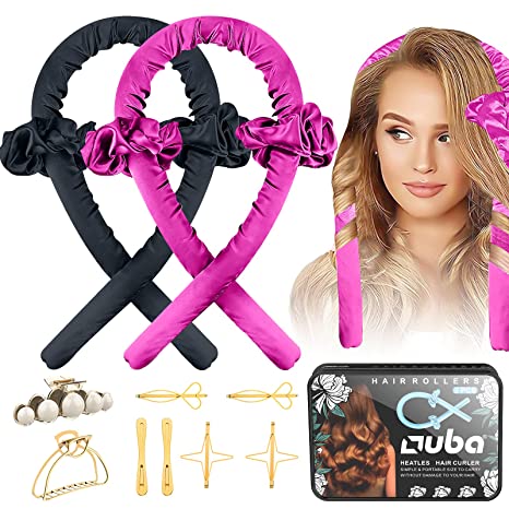 Photo 1 of 2 PCS OUBA Tik Tok Heatless [Hair Curlers] For Long Hair, No Heat DIY Hair Styling Tool Flexi Rod Headband Silk Curls, Soft Rubber Hair Rollers, Curling Ribbon for Natural Hair - Pink Red & Black
