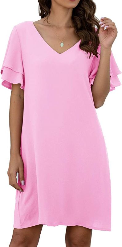 Photo 1 of QIXING Women's Summer Casual Loose Mini Dress V-Neck Bell Short Sleeve Shift Dress, Pink, Large