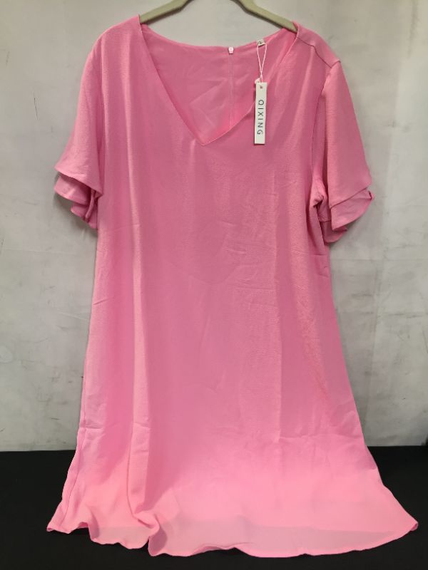 Photo 2 of QIXING Women's Summer Casual Loose Mini Dress V-Neck Bell Short Sleeve Shift Dress, Pink, Large