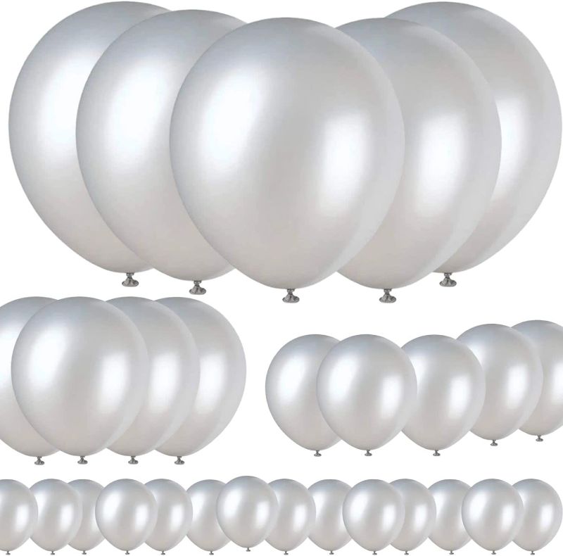 Photo 1 of 100 Pieces Silver Balloons Different Sizes 18/12/10/5 inch Mothers' Day Party Matte Balloons Kit for Graduation Mardi Gras Ramadan Kareem Birthday Baby Shower Latex Balloons for Garland
