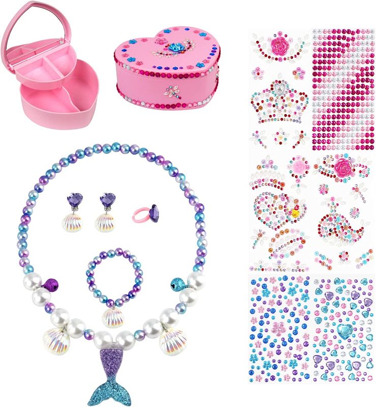 Photo 1 of Girls Princess Necklace Bracelets Ear Clips Set Mermaid Pendant Colorful Plastic Princess Party Dress Up Pretend Play
