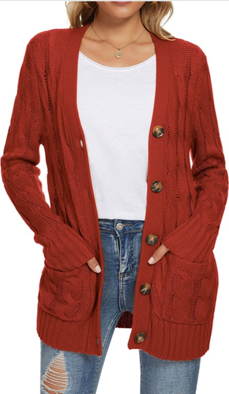 Photo 1 of UEU Women's Long Sleeve Open Front Button Down Cable Knit Cardigan Sweater with Pockets, RUST, SMALL