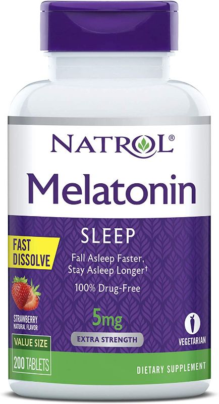 Photo 1 of Natrol Melatonin Fast Dissolve Tablets, Helps You Fall Asleep Faster, Stay Asleep Longer, Easy to Take, Dissolve in Mouth, Strengthen Immune System, Maximum Strength, Strawberry Flavor, 5mg, 200 Count
exp jan 31 2023