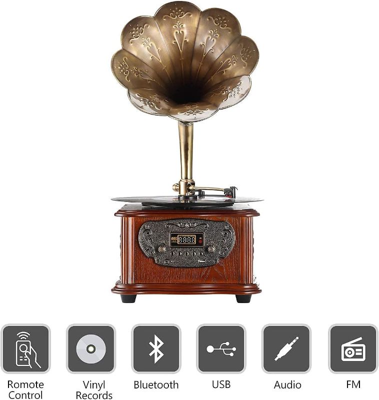 Photo 1 of  Record Player Retro Turntable All in One Vintage Phonograph Nostalgic Gramophone for LP with Copper Horn, Built-in Speaker 3.5mm Aux-in/USB