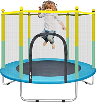 Photo 1 of 55" Small Trampoline for Kids with Net, 4.6FT Indoor Outdoor Toddler Trampoline with Safety Enclosure, Baby Trampoline Round Jumping Mat, Recreational Trampolines Birthday Gifts for Children Boy Girl RED&GREEN POLES