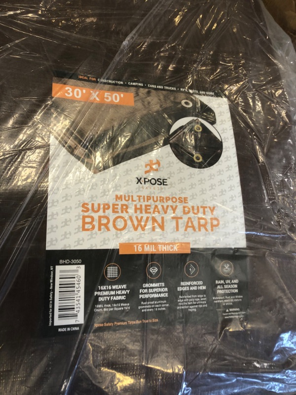 Photo 2 of 30' x 50' Super Heavy Duty 16 Mil Brown Poly Tarp Cover - Thick Waterproof, UV Resistant, Rip and Tear Proof Tarpaulin with Grommets and Reinforced Edges - by Xpose Safety