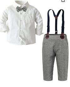 Photo 1 of Baby Boys Clothes, Long Sleeve Button Down Dress Shirt with Bowtie + Suspender Pants for Boy, 7# White Tag 130 = 4 - 5 Years,