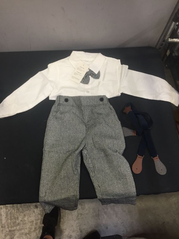 Photo 2 of Baby Boys Clothes, Long Sleeve Button Down Dress Shirt with Bowtie + Suspender Pants for Boy, 7# White Tag 130 = 4 - 5 Years,