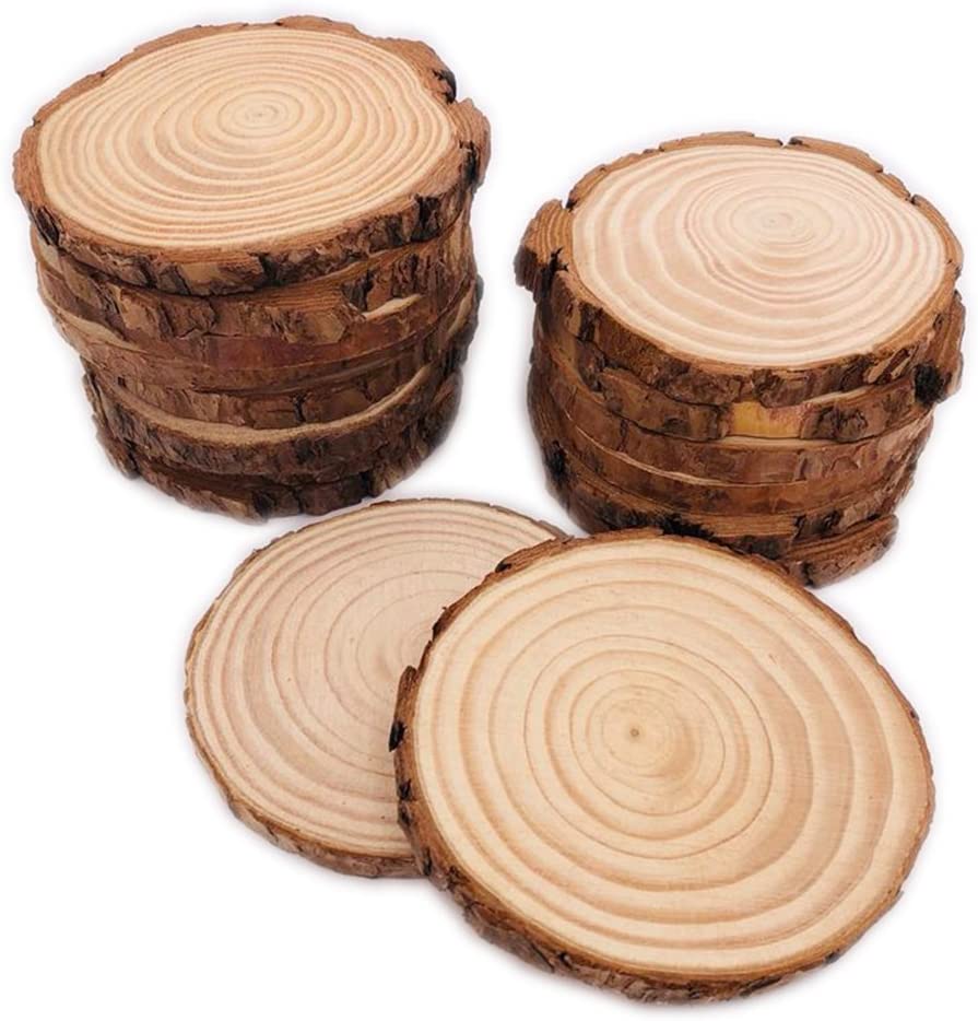 Photo 1 of 16 Pcs 3.5"-4" Unfinished Natural Wood Slices Circles with Bark for Coasters DIY Crafts Christmas Ornaments Rustic Wedding Decorations Centerpiece