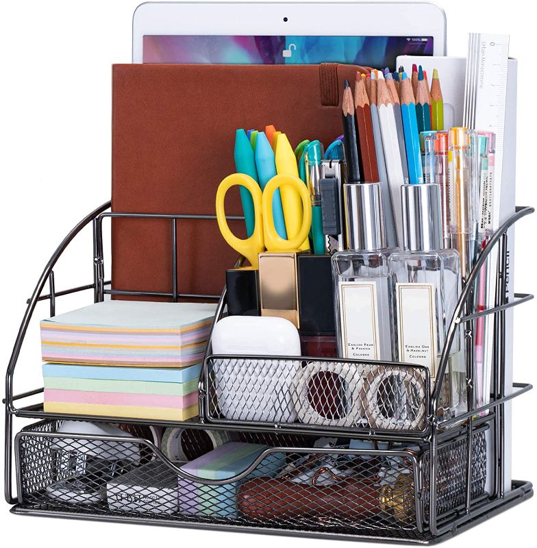 Photo 1 of ARCOBIS Metal Desk Organizer Black Desk Oranginzer for Work, Office Supplies Desk Organizer for Pens Holder with 5 Compartments + 1 Large Drawer | The Mesh Collection PACKAGING IS DAMAGED 