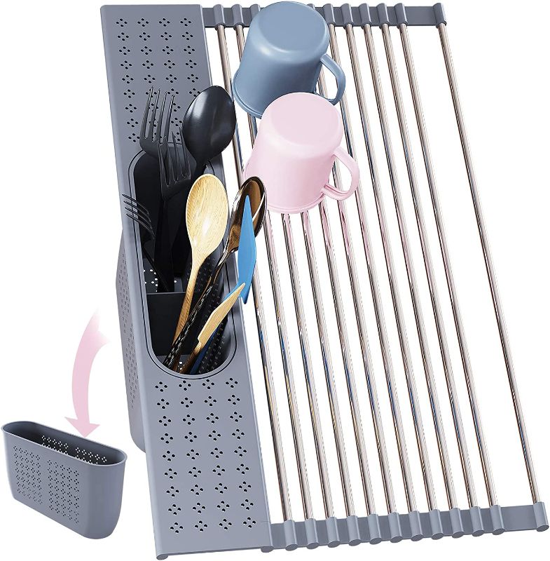 Photo 1 of BAMEOS Roll Up Dish Drying Rack Over The Sink, 20”L x 11”W x 4.72”H Foldable Stainless Steel Dish Drying Rack with Utensil Holder & Sponge Holder for Kitchen Sink (Gray)
