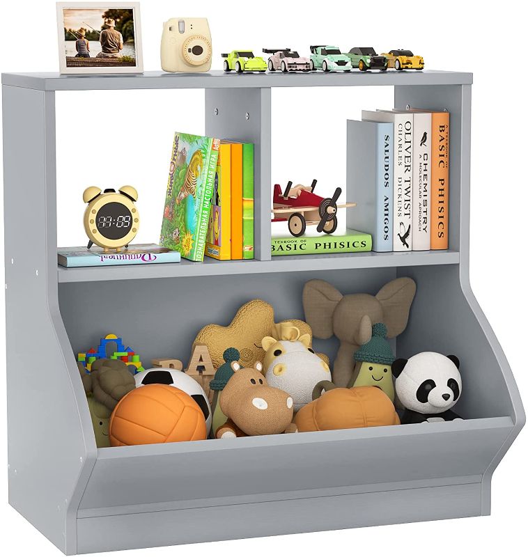 Photo 1 of Aheaplus Toy Storage Organizer with Bookcase, 3 Cubby Bookshelf Toy Storage Cabinet, Open Multi-Bins Toys&Books Storage Display Organizer, Grey
