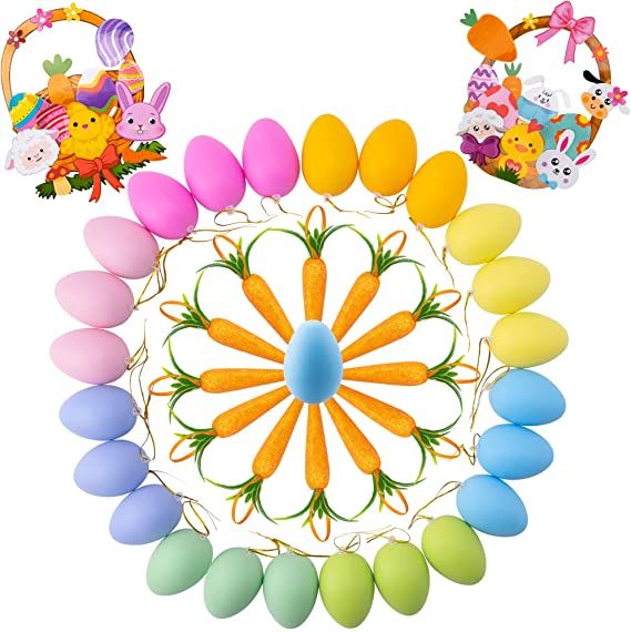 Photo 1 of 38 Pcs Easter Carrot Decorations, Easter Hanging Eggs Ornaments for Tree and Basket with Animal DIY Cardboard Stickers for Door Knob Hanger Sign
