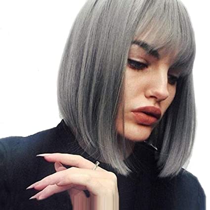 Photo 1 of Silver Gray Short Bob Wig with Bangs Straight Wig Heat Resistant Fiber Synthetic Wigs for Women Halloween Cosplay and Daily Use + Free Wig Cap(Grey)
