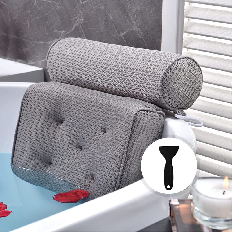 Photo 1 of  Bath Pillows for Tub, Bathtub Pillows with Soft 5D Air Mesh & 4 Large Suction Cups, Quick Dry Spa Bath Pillow for Neck, Head, Shoulder and Back Support - Soft, Non-Slip, Extra Thick | Gray; measures approx. 14x11"
