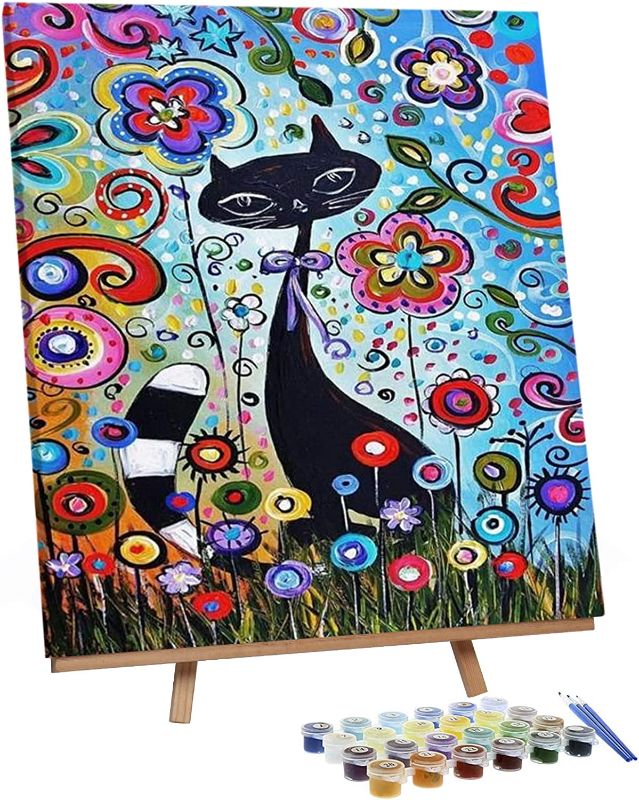 Photo 1 of  Paint by Numbers for Adults Beginners, DIY Oil Painting Kit with Framed Canvas and Easel Including Acrylic Paints Paintbrushes 50x40in (Cat in Flowers)
