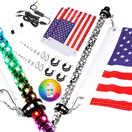 Photo 1 of  2PCS 4ft LED Whip Lights with Flag Pole Remote Control Spiral RGB Chase Light Offroad Warning Lighted Antenna LED Whips for UTV, ATV, Off Road, Truck, Sand, Buggy Dune, RZR, Can-am, Boat - - - STOCK PHOTO USED AS REFERENCE