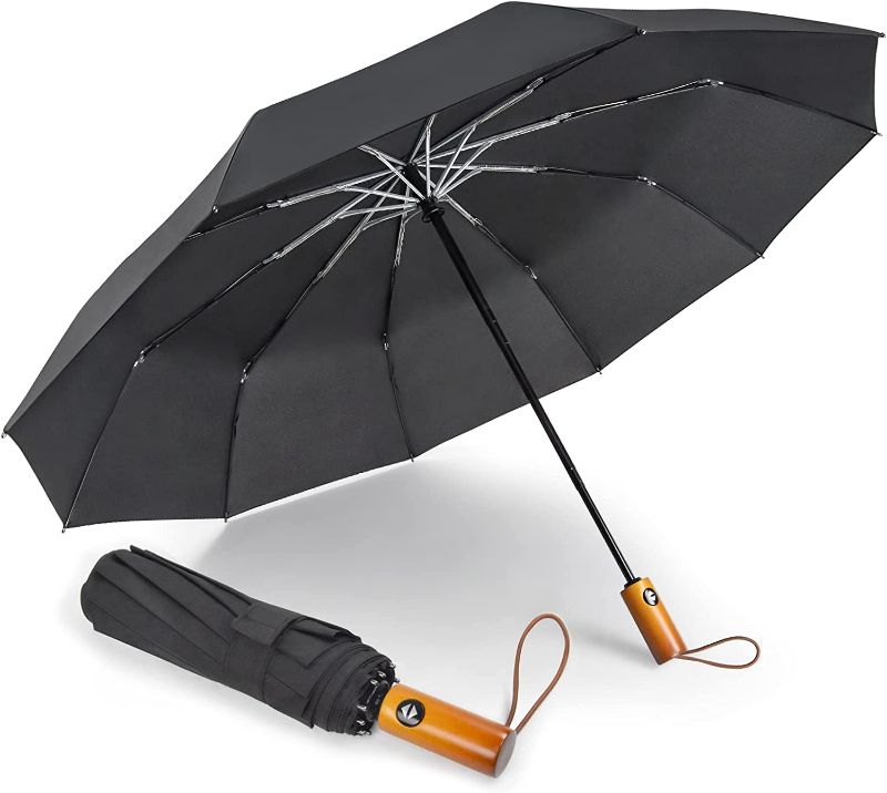 Photo 1 of Lejorain Windproof Travel Folding Umbrella - 10 Ribs Automatic Collapsible Wind Resistant Black Umbrellas - Compact Rain Umbrella for Backpack