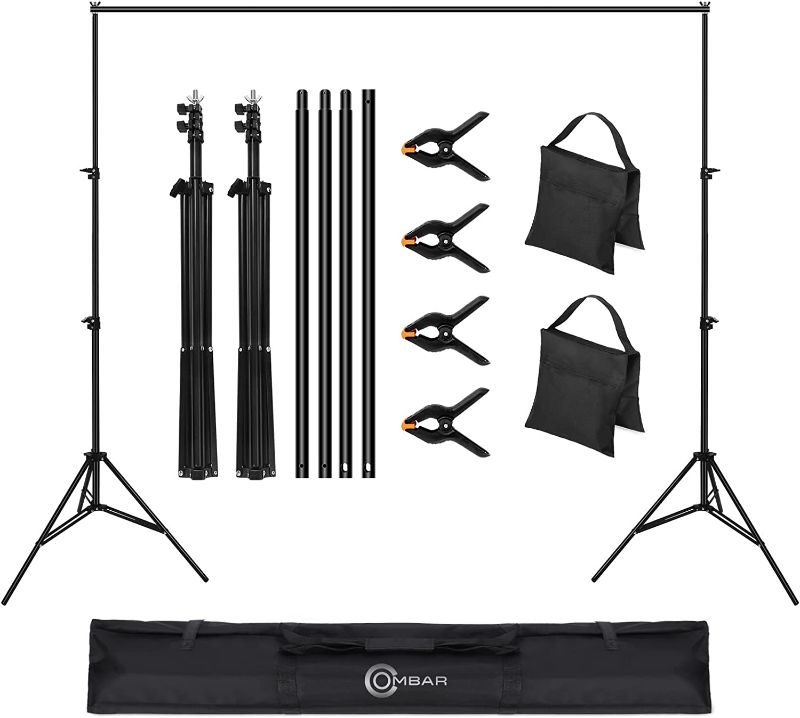 Photo 1 of OMBAR Backdrop Stand 8.5x10ft/2.6x3m Photography Backdrops Stand Photo Backdrop Stand with Clamp, Sand Bag, Carry Bag Photography Backdrop Background Stand Support for Portrait & Studio Photography
