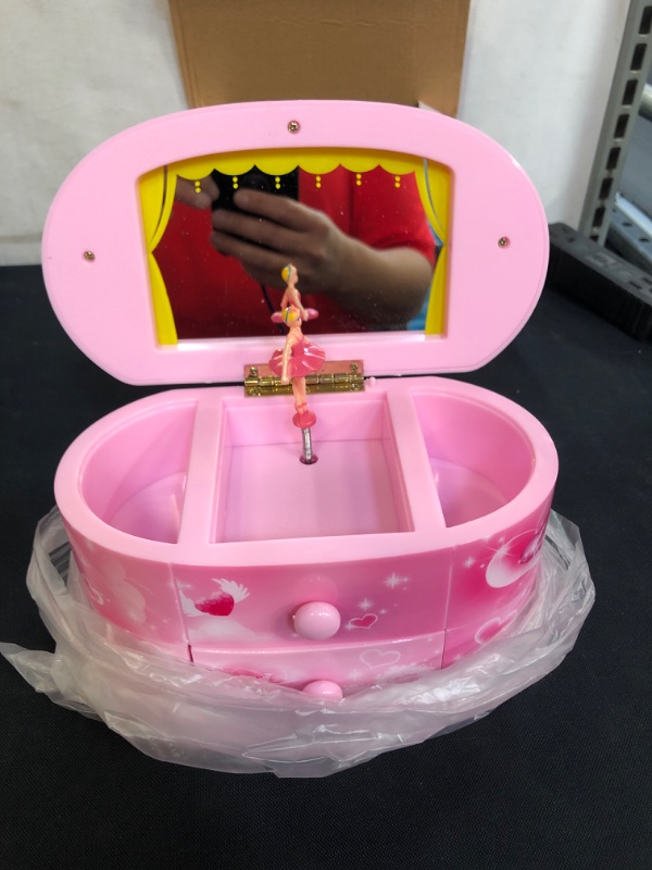 Photo 2 of Qulable Musical Jewelry Box,Girl's Musical Jewelry Storage Box with Drawer and Dancing Ballerina Makeup Mirror Music Box Jewelry Storage Music Box for Kids Children (Pink)
