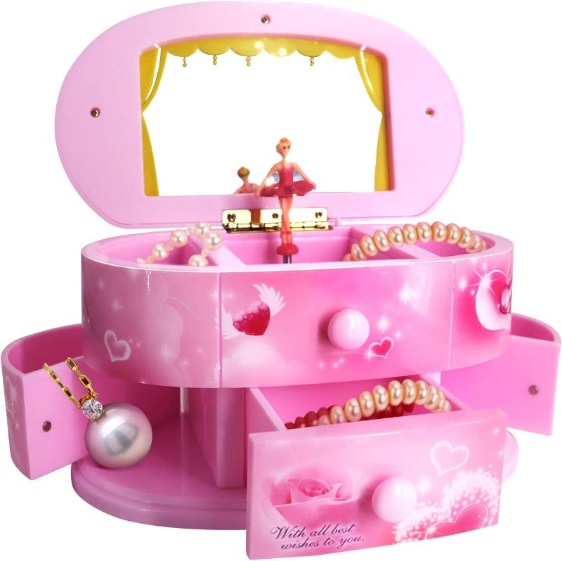 Photo 1 of Qulable Musical Jewelry Box,Girl's Musical Jewelry Storage Box with Drawer and Dancing Ballerina Makeup Mirror Music Box Jewelry Storage Music Box for Kids Children (Pink)

