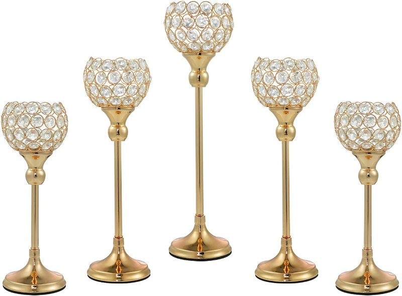 Photo 1 of ECOM KING Gold Crystal Candle Holder,Tea Light Candlestick Holders for Wedding Table Decoration,Centerpiece for Party Home Decor(Gold,5Pcs)
