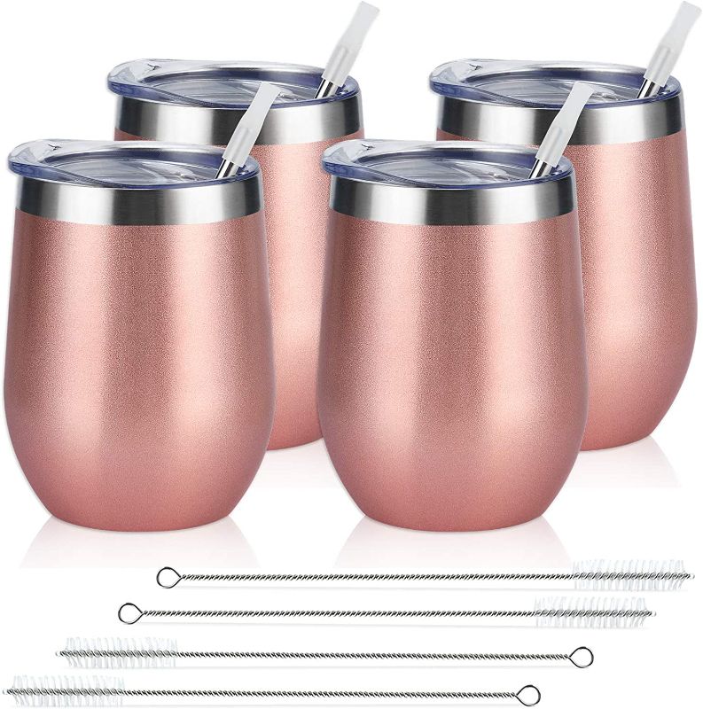 Photo 1 of 4 Pack 12Oz Stainless Steel Stemless Wine Glasses, Insulated Wine Tumbler, Stainless Steel Wine Tumbler Cups with Lids and Straws for Coffee, Cocktails, Wine, Champaign, Rose Gold…
