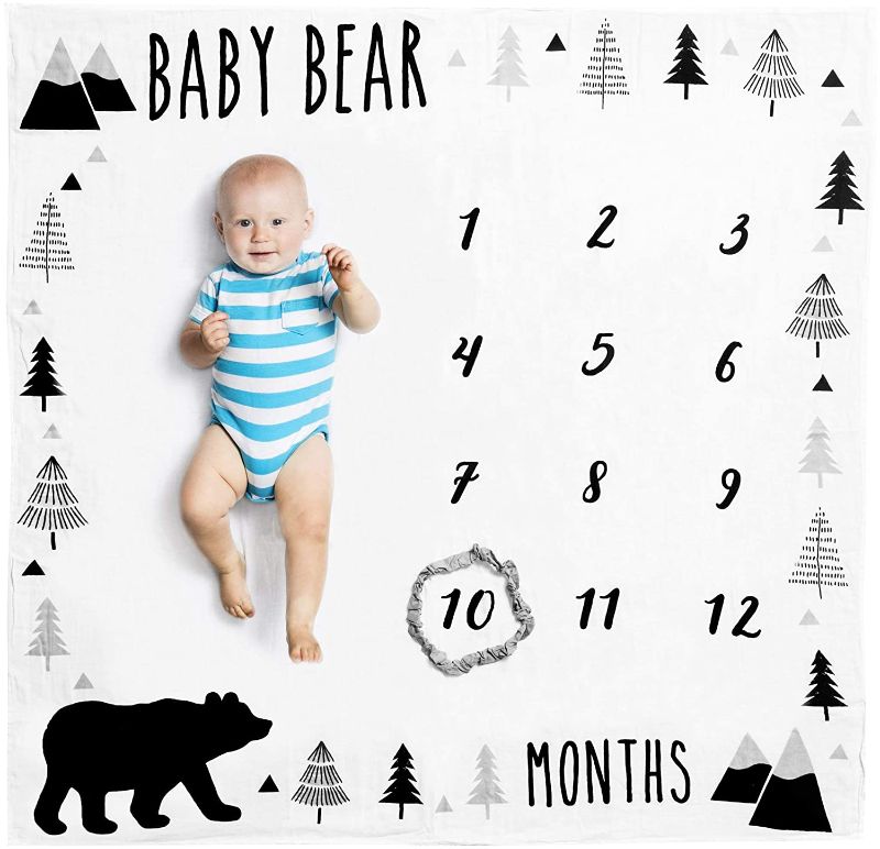 Photo 1 of Organic Baby Monthly Milestone Blanket for Boy - Baby Bear Month Blanket with Milestones Frame - Mountain Woodland Growth Blanket, 1-12 Months, 47”x47”
