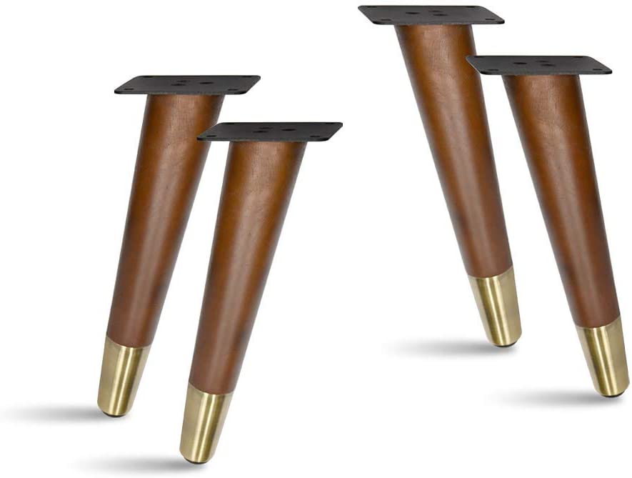 Photo 1 of 4 pcs Slant Wood Furniture Legs, Sofa Legs, Bench Legs, Table Legs with Metal Footings (8"H Antique Brass Plated Metal Footing)
