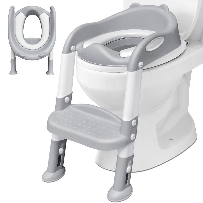 Photo 1 of Potty Training Toilet Seat for Kids with Step Stool Ladder, Toddlers Comfortable Toilet Chair with Anti-Slip Pads and Safe Handle, Soft Cushion Toilet Training Seat for Boys Girls - Gray
