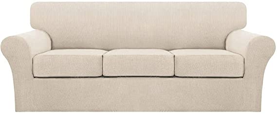 Photo 1 of 4 Piece Sofa Covers for 3 Cushion Couch Sofa Slipcover Soft Couch Cover for Dogs-Washable Sofa Furniture Covers with 3 Individual Cushion Covers, Feature Thick Jacquard Fabric (Large, Biscotti Beige)
