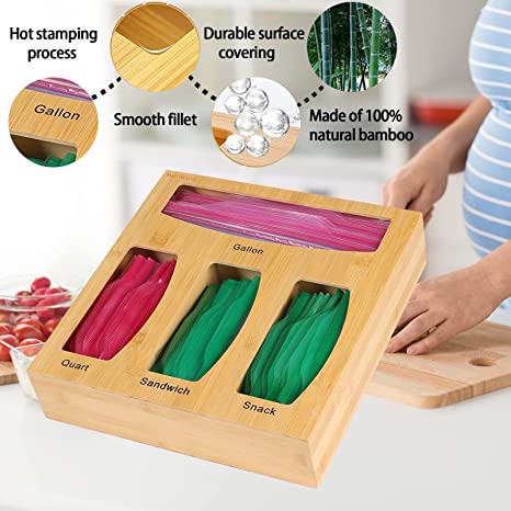 Photo 1 of  ziplock bag storage organizer for Kitchen drawer Bamboo ziploc food storage bag organizer for Ziploc Gallon Quart Sandwich & Snack Variety Size Bags. Design may vary