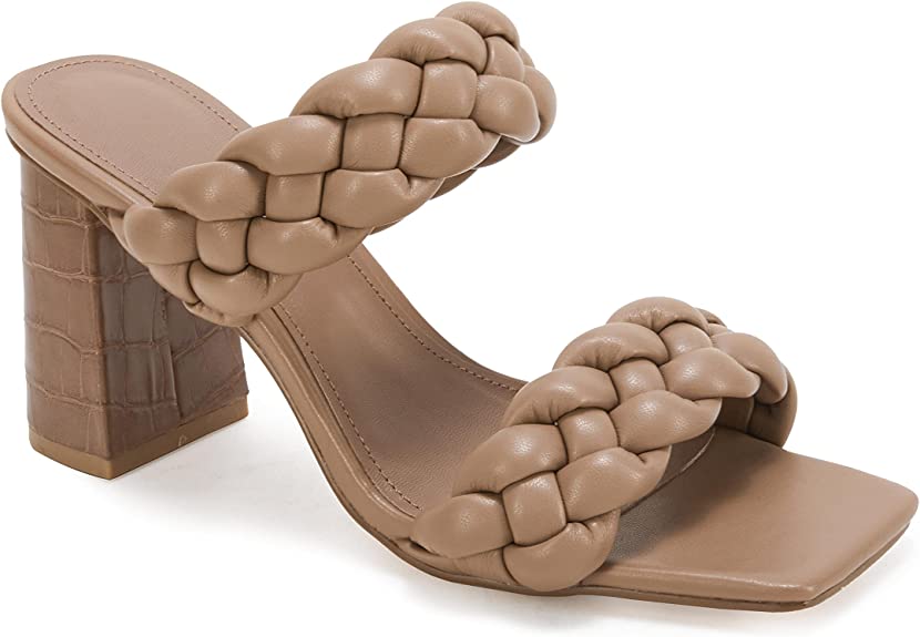Photo 1 of Womens Braided Heeled Sandals Backless Square Open Toe Block Strappy Slip On Slide Shoes Size 7.5