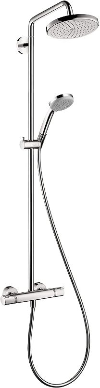 Photo 1 of hansgrohe Croma Shower Faucet Set with Handheld Shower, Rain AirPower Spray, QuickClean Showerpipe Shower Set in Chrome, 27185001
