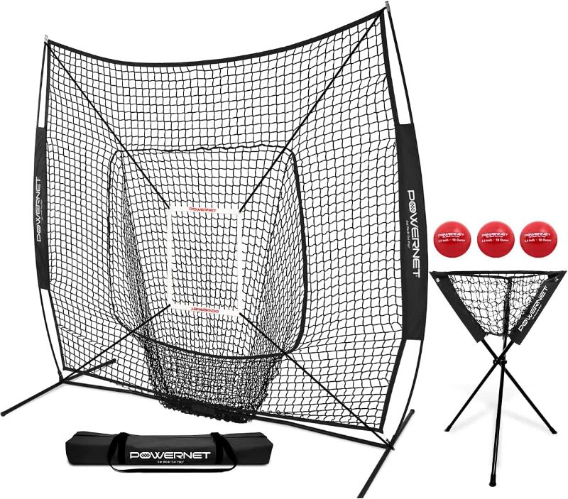 Photo 1 of PowerNet DLX Combo 6 Piece Set for Baseball Softball | 7x7 Practice Net Bundle w/Strike Zone, Ball Caddy + 3 Weighted Training Balls | Team or Solo Training | Hitting & Throwing
