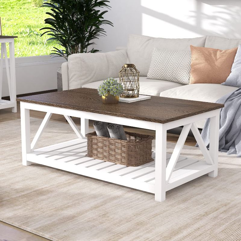 Photo 1 of ChooChoo Farmhouse Coffee Table, Rustic Vintage Living Room Table with Shelf, 40 White
