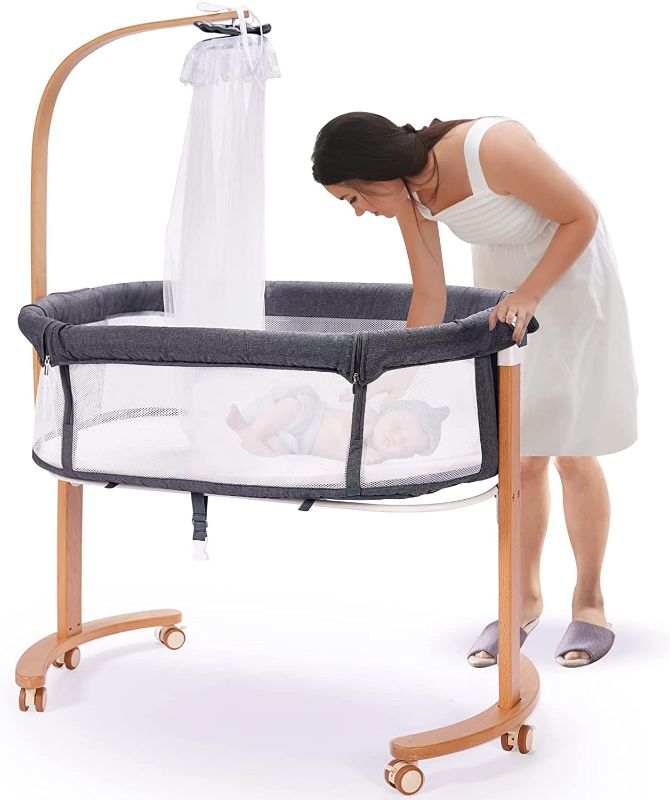 Photo 1 of Baby Bassinet, Wooden Bedside Sleeper for Baby, Adjustable Bedside Crib, Portable Bed for Infant/Baby/Baby Girl/Newborn, Wooden Baby Bed to Bed, with Detachable Mattress, Straps, Breathable Mesh
