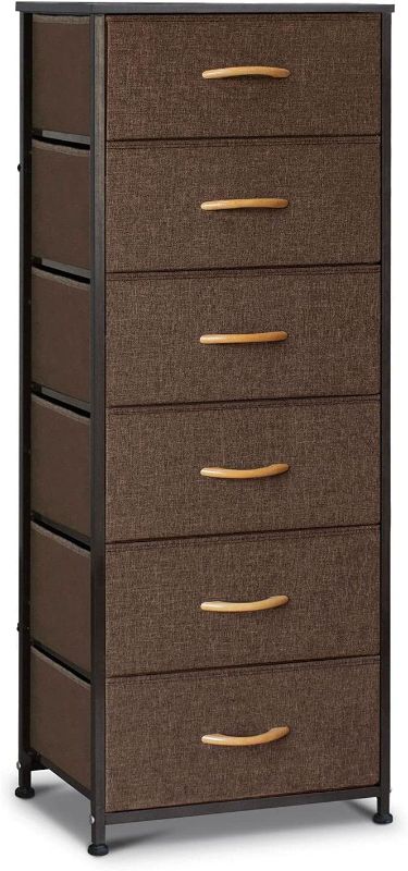 Photo 1 of 6 Drawers Vertical Storage Tower- Fabric Dresser, Sturdy Metal Frame, Fabric Storage Bins with Wooden Handle and Wooden Top, Organizer Unit for Bedroom/Closet/Hallway/Entryway, Brown --- STOCK PHOTO FOR REFERENCE ONLY 
