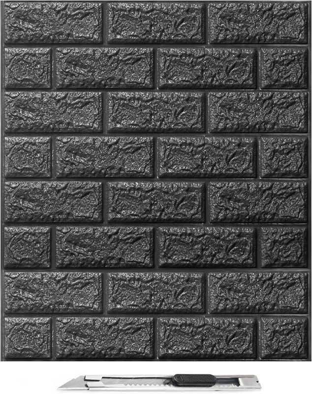 Photo 1 of Art3d 11 Pcs 3D Brick Wallpaper in Black, Faux Foam Brick Wall Panels Peel and Stick, Waterproof for Bedroom, Living Room, and Laundry Decor SIZE 30 IN X 27 IN